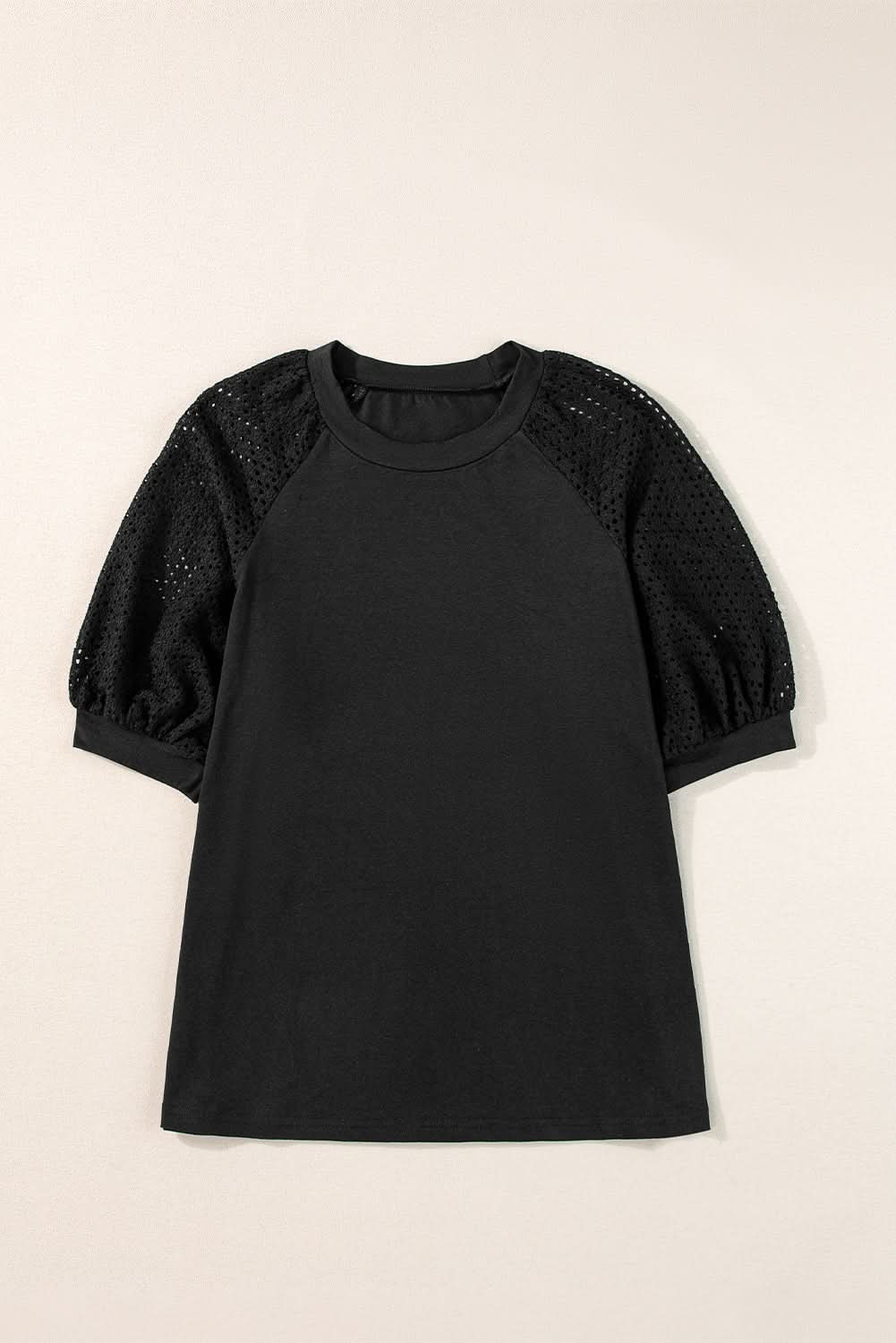 White Pointelle Lace Half Sleeve Crew Neck Tee White 95%Cotton+5%Elastane