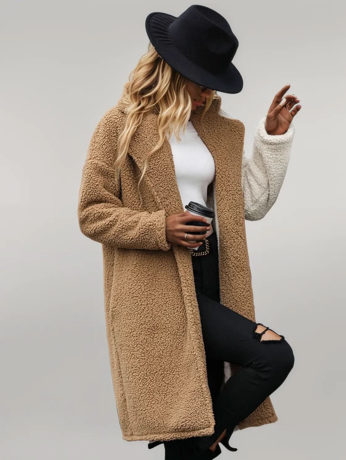 Contrast Dropped Shoulder Sherpa Coat