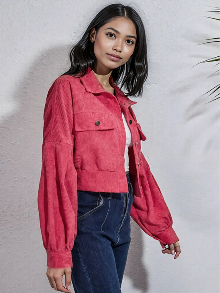 Button Down Collared Neck Cropped Jacket