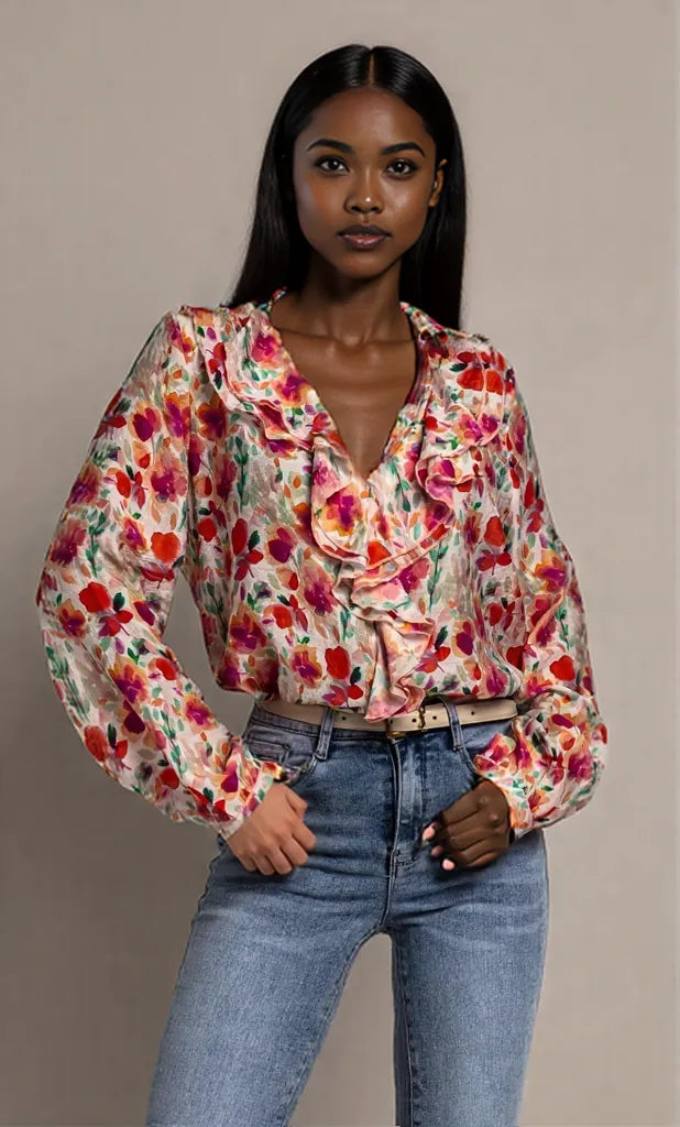 Floral Print Ruffle V-Neck Long Sleeve Blouse Floral