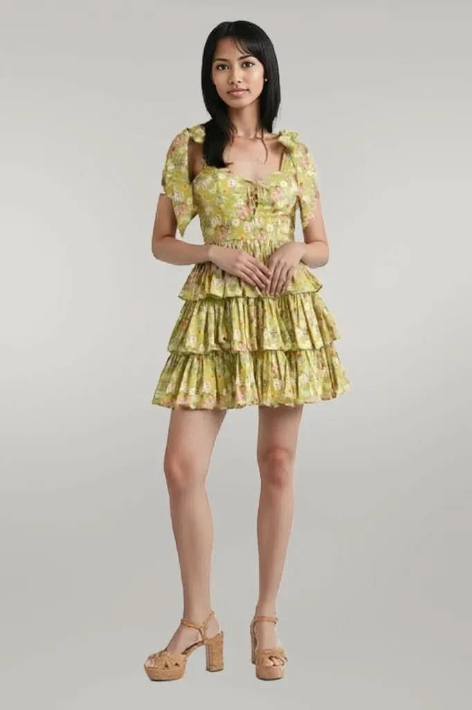 MABLE Floral Print Shoulder Tie Layered Mini Dress