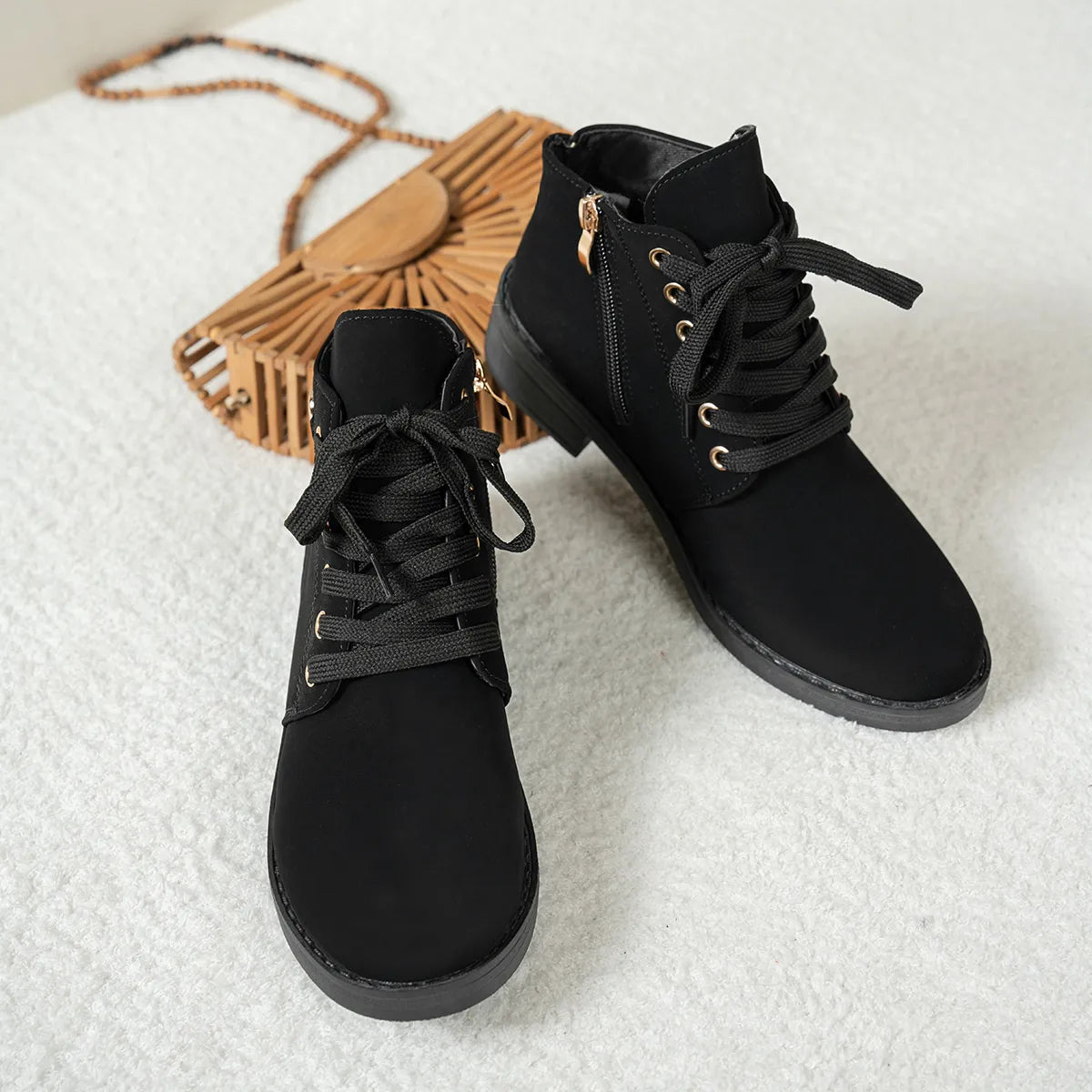 Lace-Up Ankle Boots with Heart Charm Detail Black