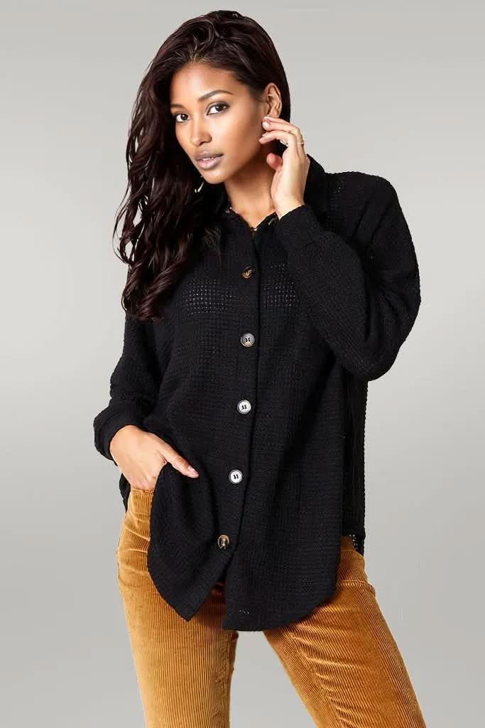 Double Take Waffle-Knit Collared Neck Dropped Shoulder Shirt Black