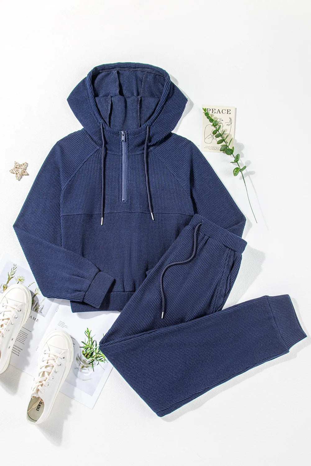 Drawstring Half Zip Hoodie and Joggers Active Set Navy
