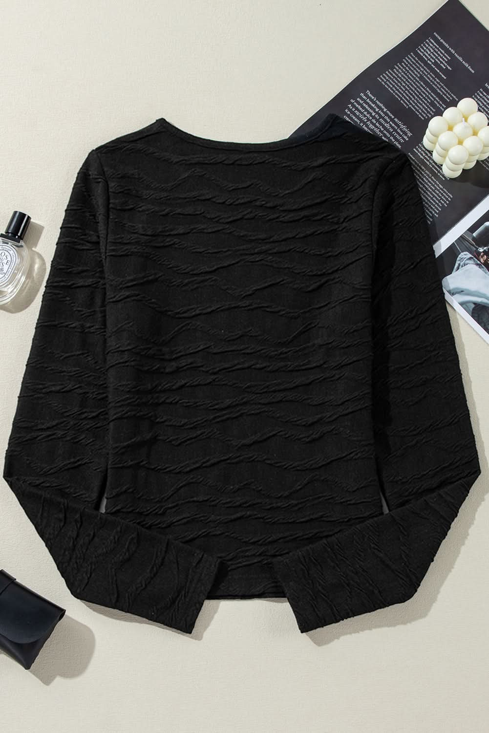 Black Solid Wavy Textured Slim Fit Long Sleeve Shirt