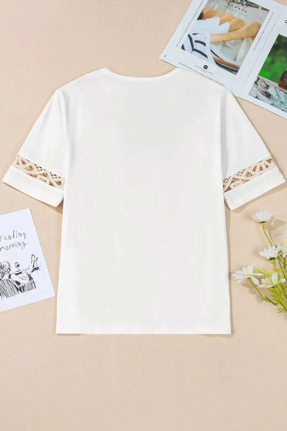 Lace Crochet Crew Neck Casual T Shirt White