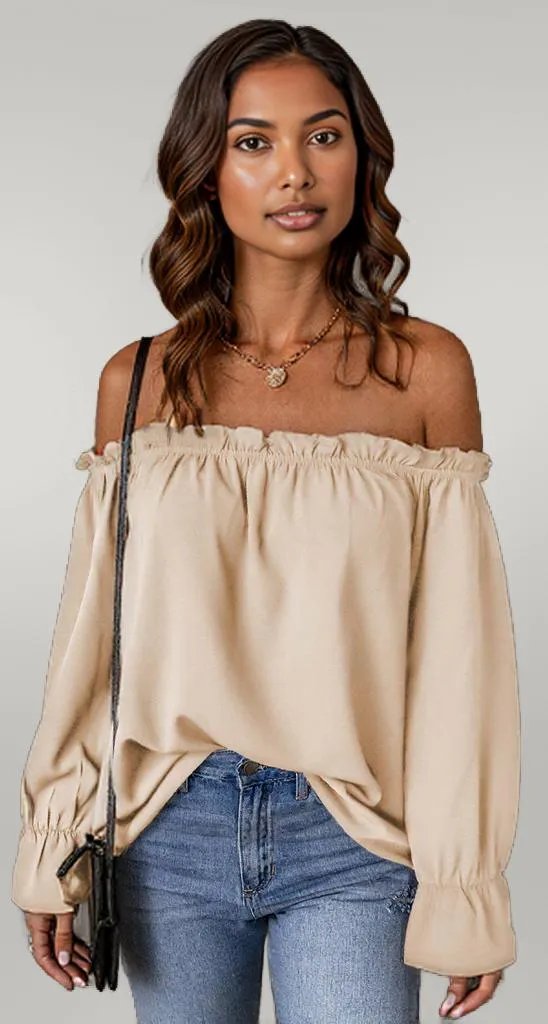 Off-Shoulder Flounce Sleeve Blouse Cream