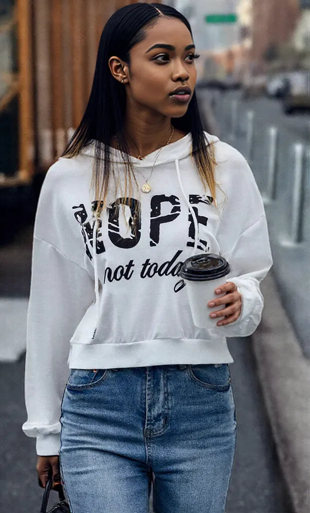 Letter Graphic Long Sleeve Drawstring Hoodie White