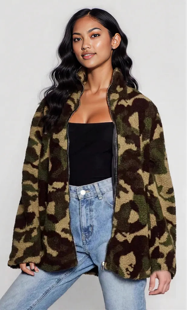 Camouflage Zip Up Oversized Jacket Green Camouflage