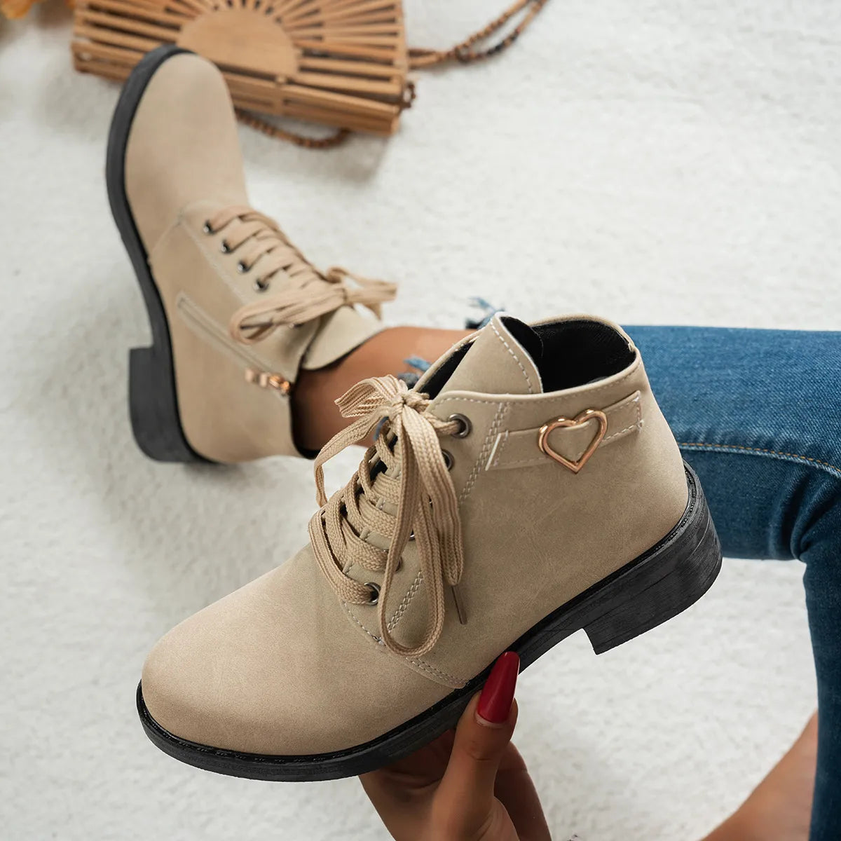Lace-Up Ankle Boots with Heart Charm Detail Ivory