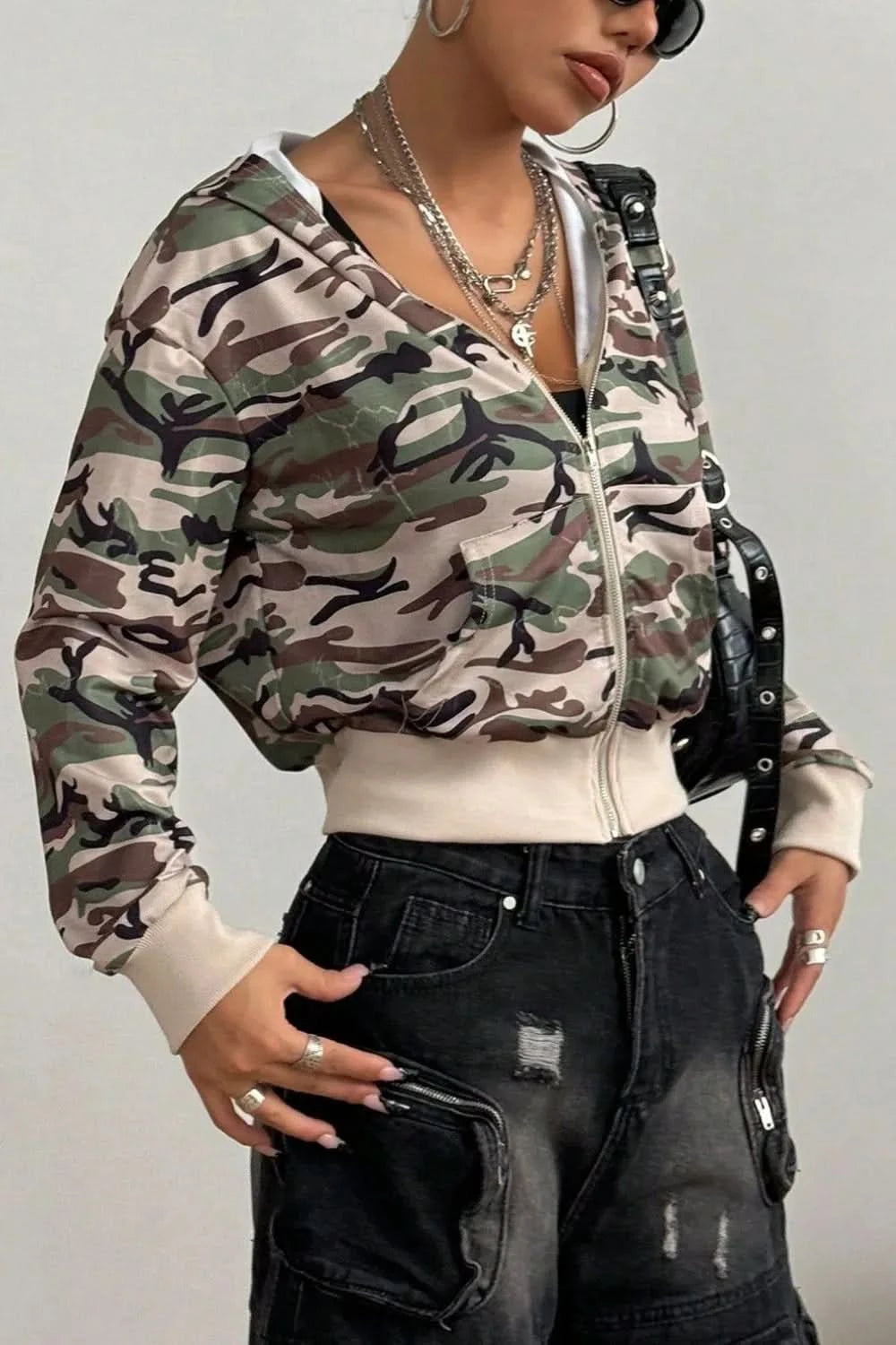 Pocketed Camouflage Zip Up Hooded Jacket Green Camouflage