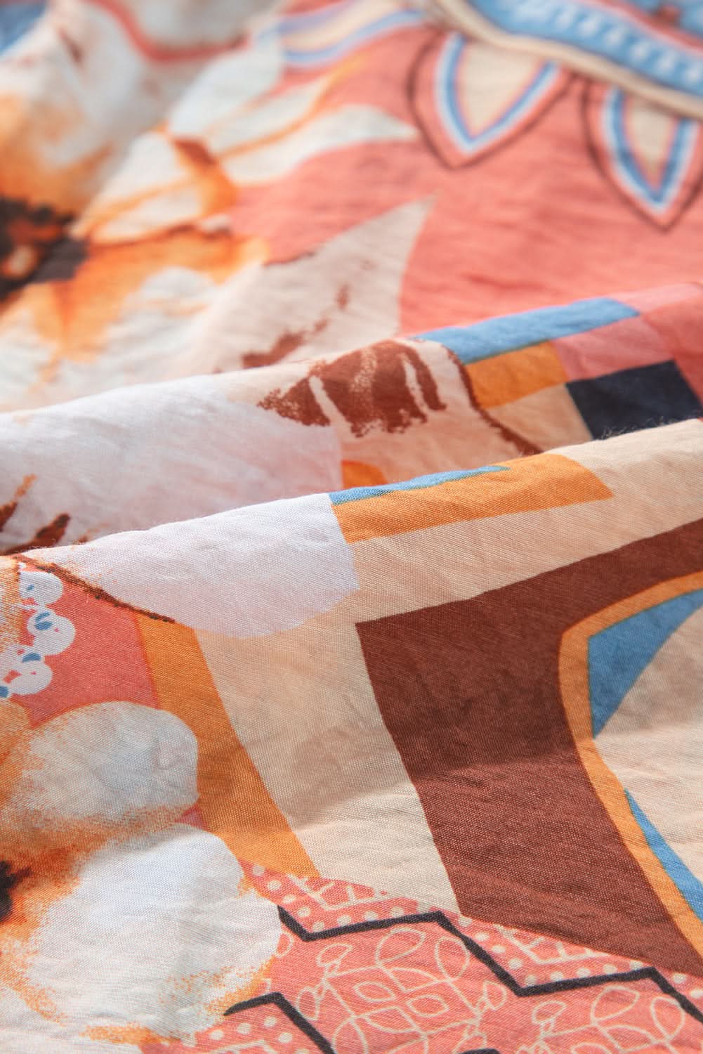 Orange Floral Print Shirred Cuff Buttoned Loose Shirt Orange 81%Viscose+19%Polyamide