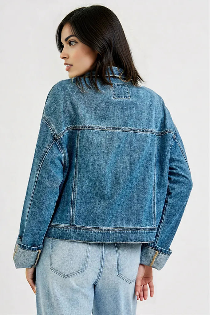 RISEN Oversized Cargo Pocket Denim Jacket with Cuffed Sleeves MEDIUM