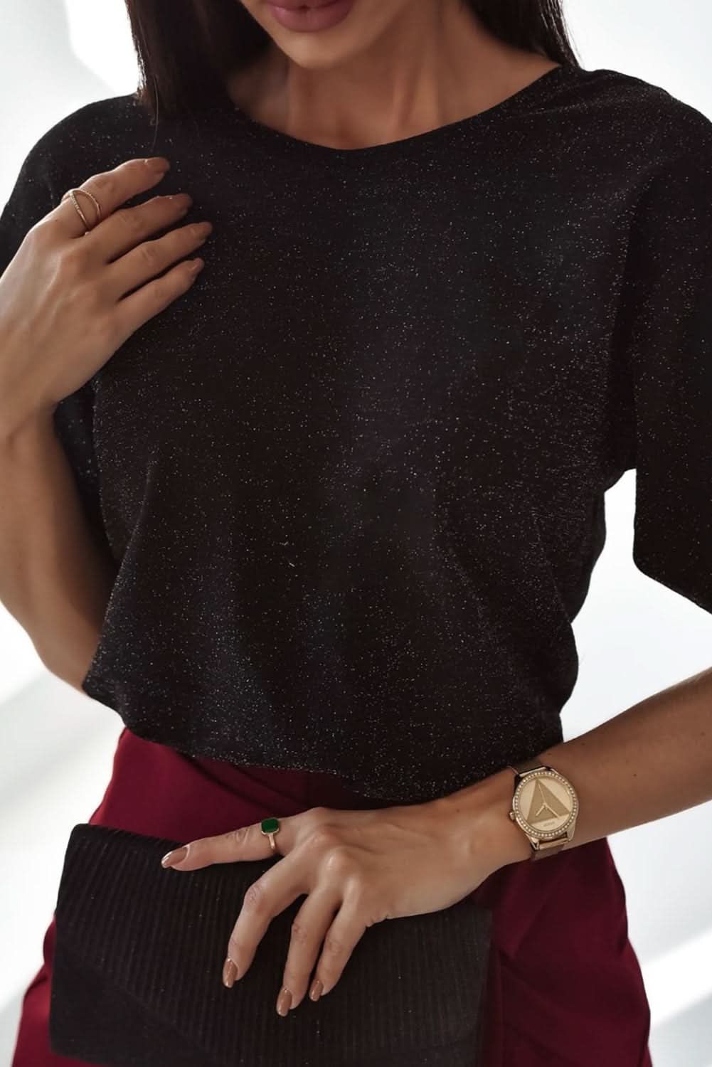 Black Bow Decor Glittery Short Sleeve Top Black 71.5%Polyamide+23.9%Metallized fibres+4.6%Elastane