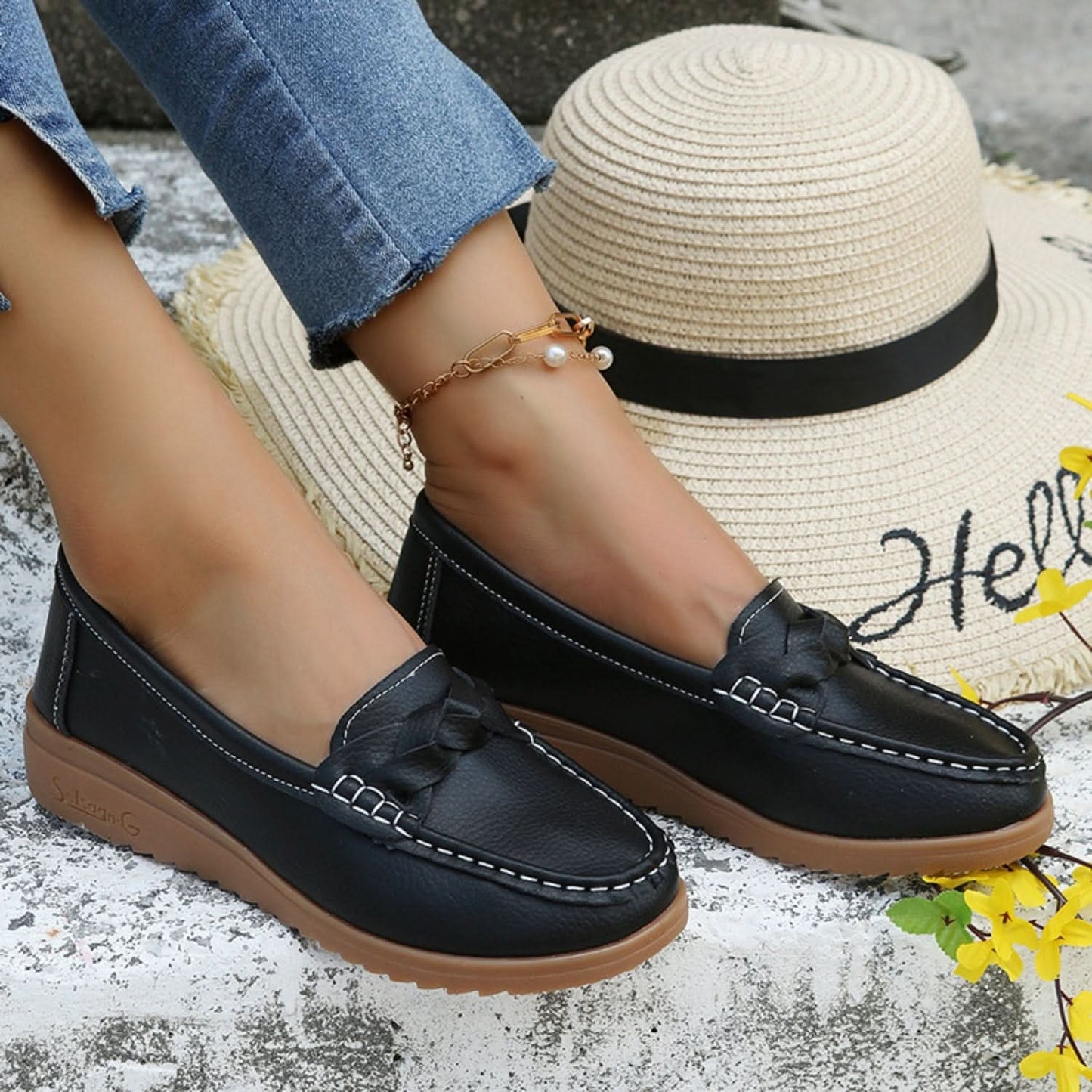 Weave Wedge Heeled Loafers Black