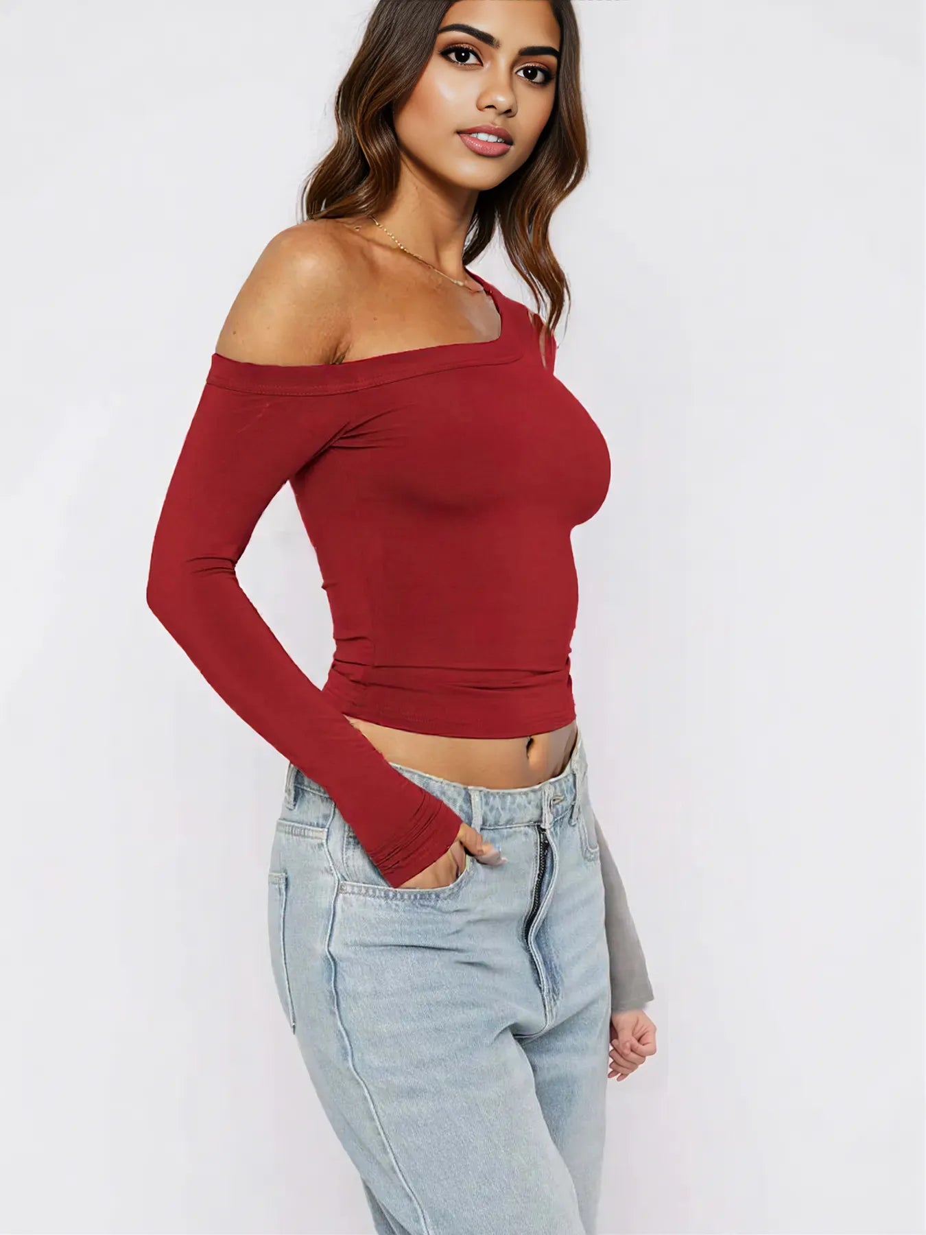 One Shoulder Long Sleeve Crop T-Shirt