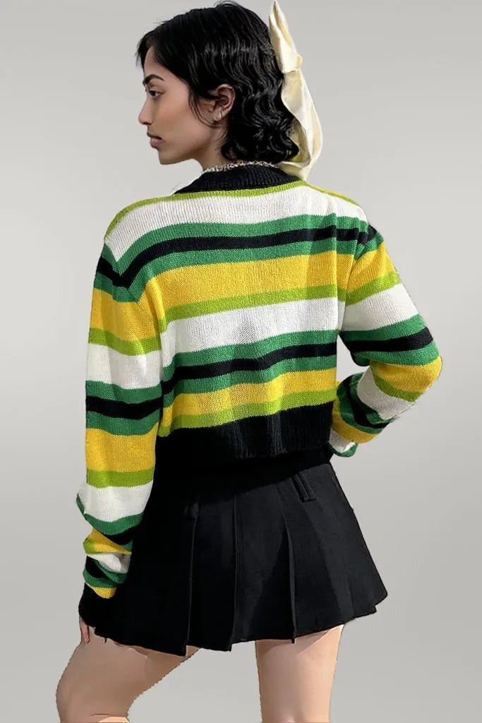 Striped Button Up Contrast Cropped Cardigan
