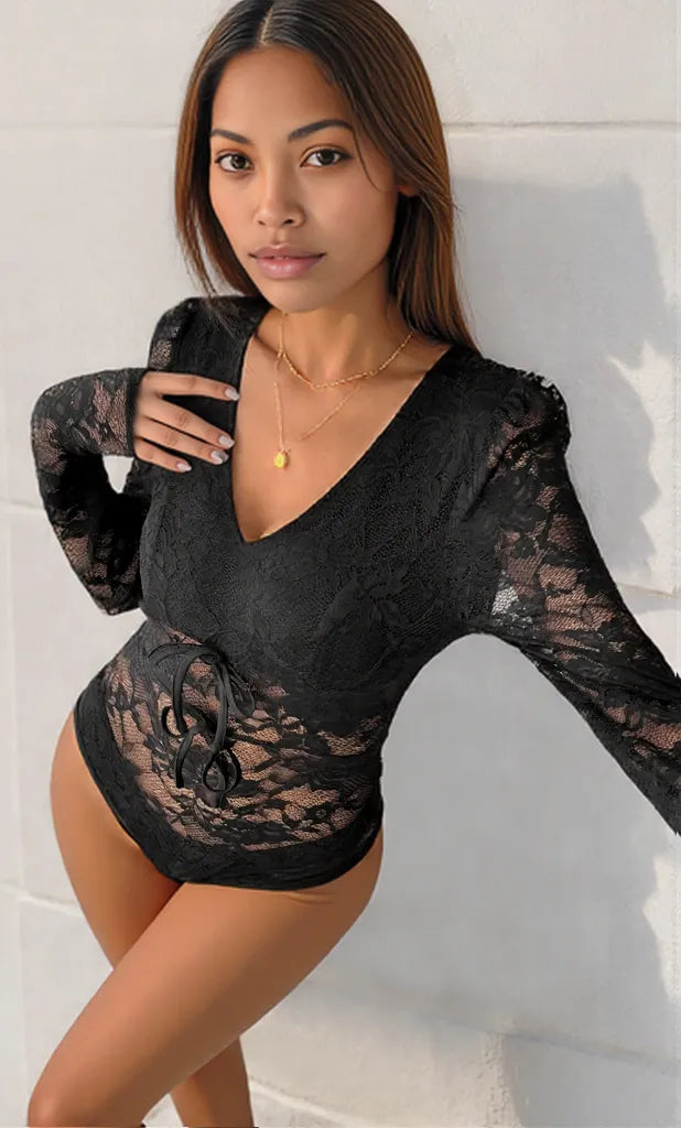 Lace Long Sleeve V-Neck Bodysuit