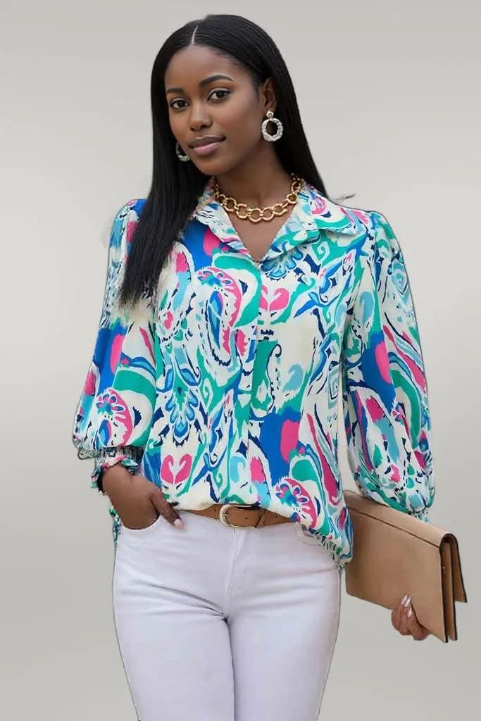Printed Puff Sleeve Collared Blouse Pastel Blue