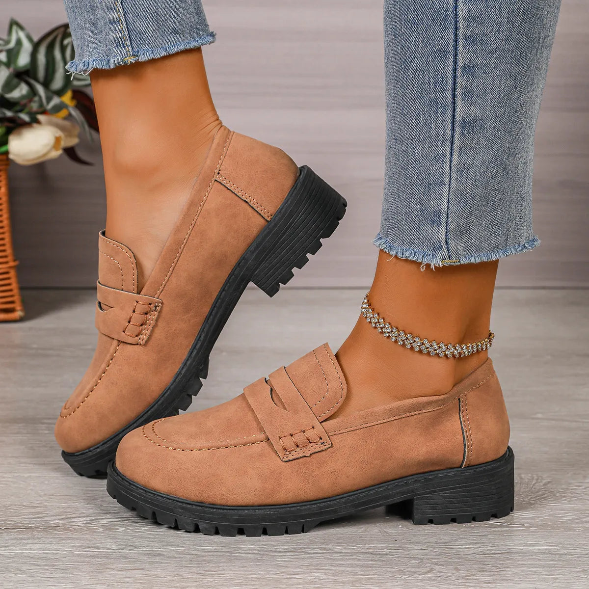 Round Toe Block Heels Loafers Dark Brown