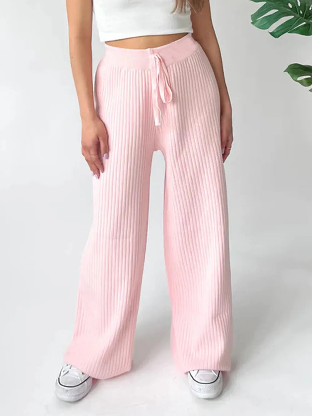 Ribbed Wide Leg Sweater Pants Blush Pink