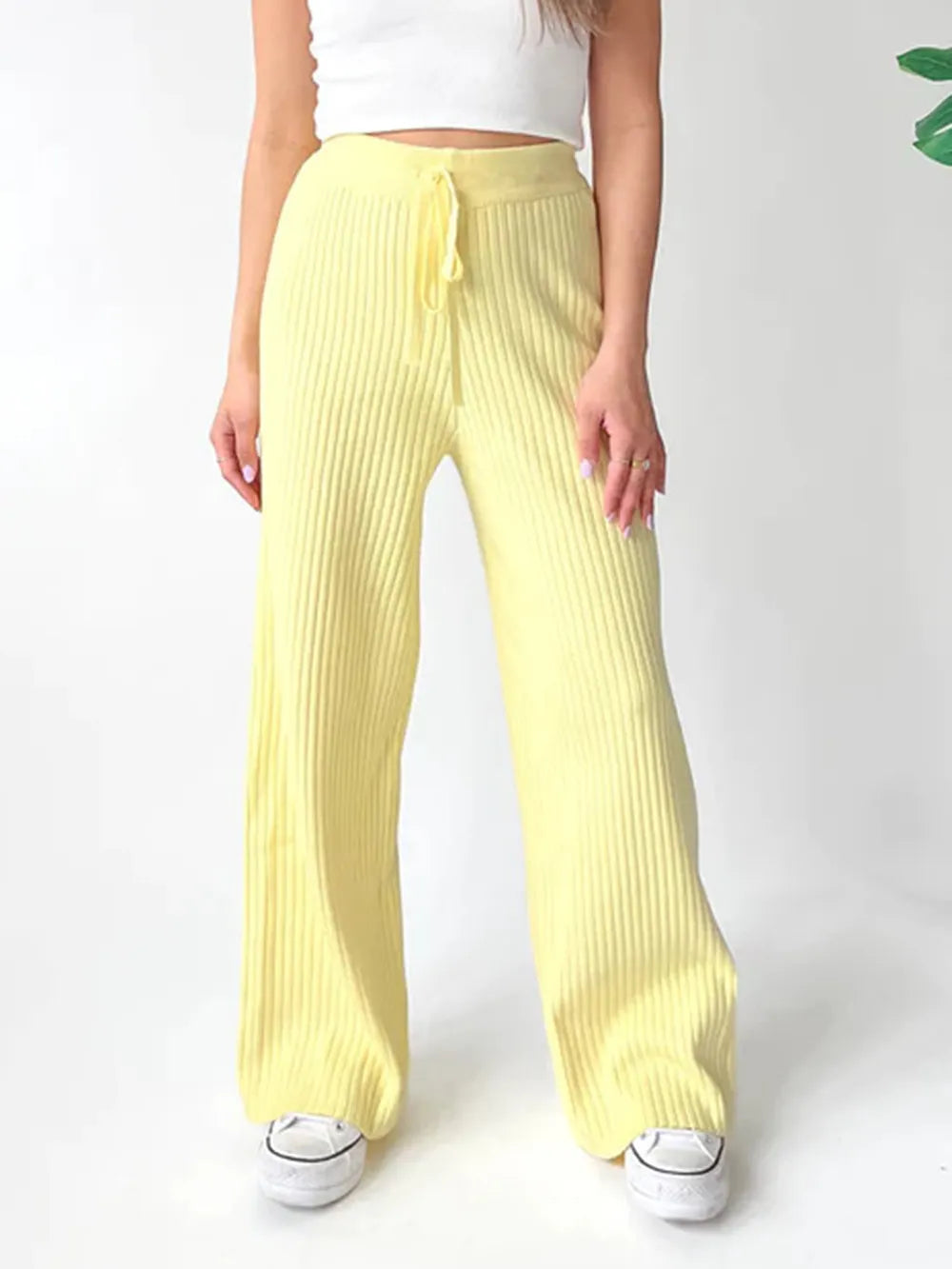 Ribbed Wide Leg Sweater Pants Pastel Yellow