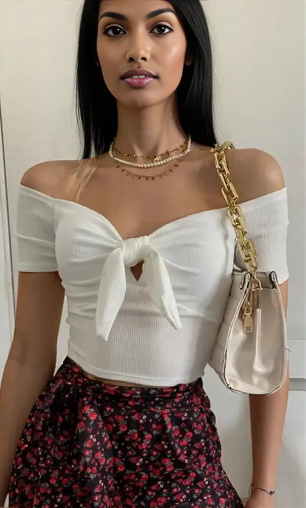 Off-Shoulder Bow-Tie Crop Top