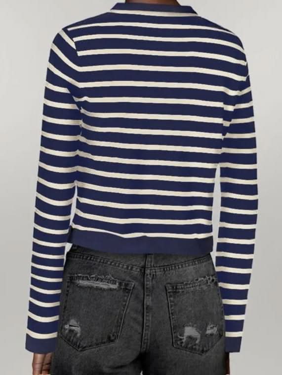 Striped Round Neck Button Up Long Sleeve Cardigan