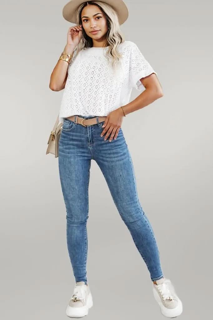 White Eyelet Pattern Boat Neck Casual Tee White 97%Polyester+3%Elastane