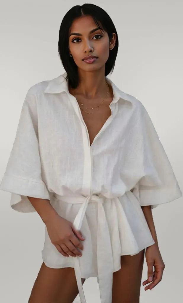 Collared Neck Half Sleeve Romper White