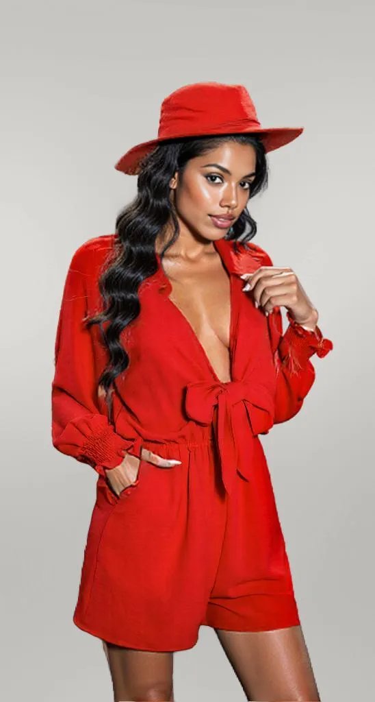 Tied Flounce Sleeve Plunge Romper