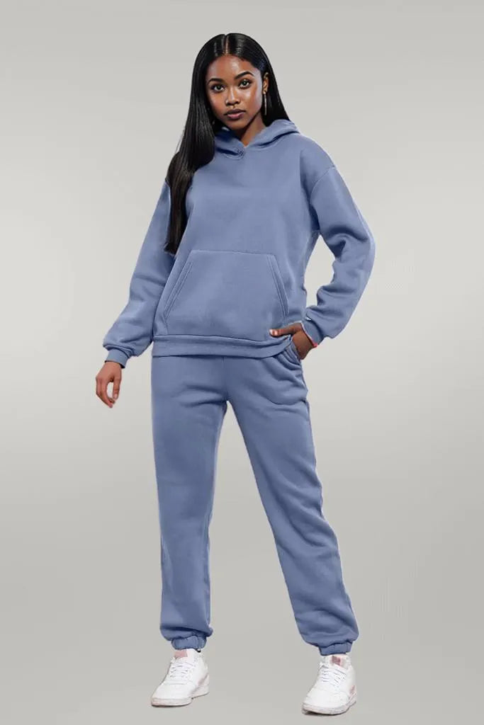 Drop Shoulder Long Sleeve Hoodie and Pants Set Light Blue