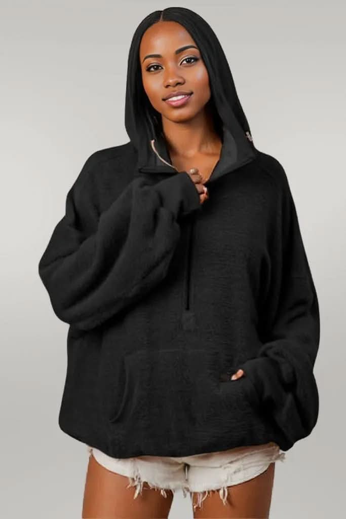 Double Take Full Size Half Zip Long Sleeve Hoodie with Kangaroo Pocket Black