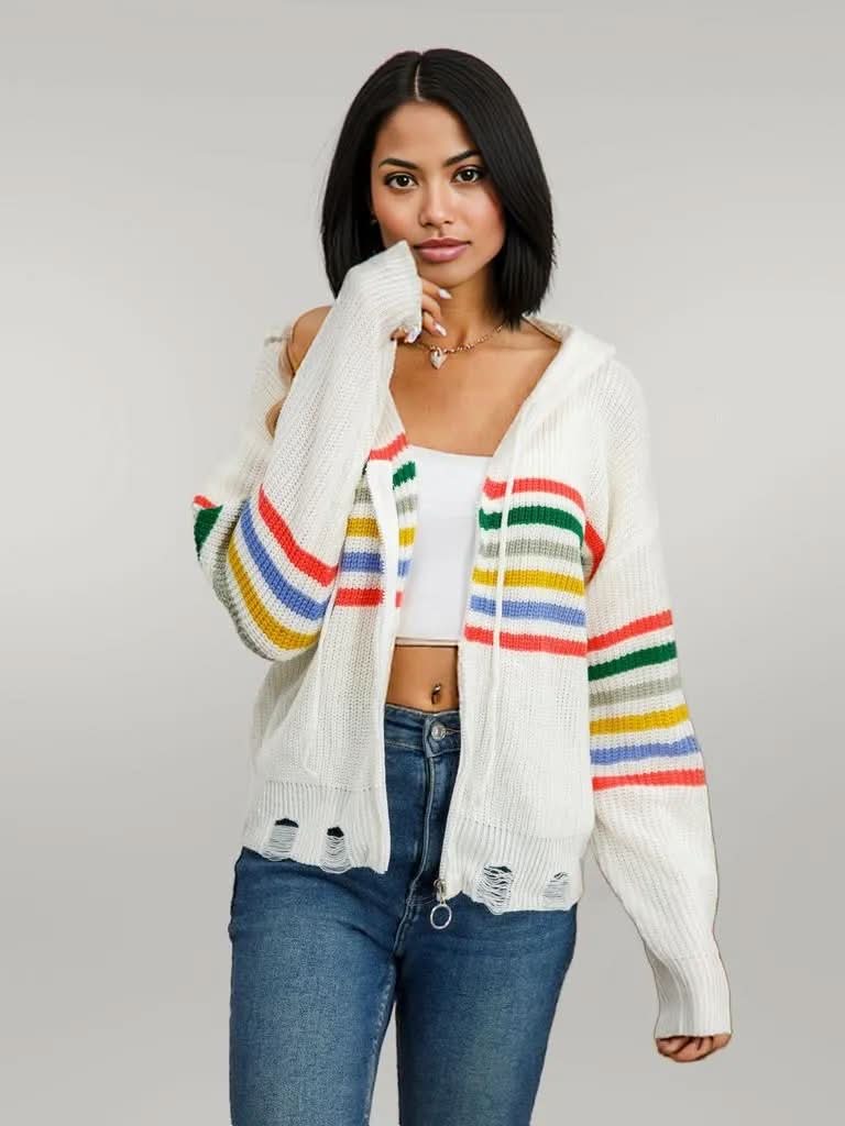 Drawstring Striped Dropped Shoulder Hooded Cardigan