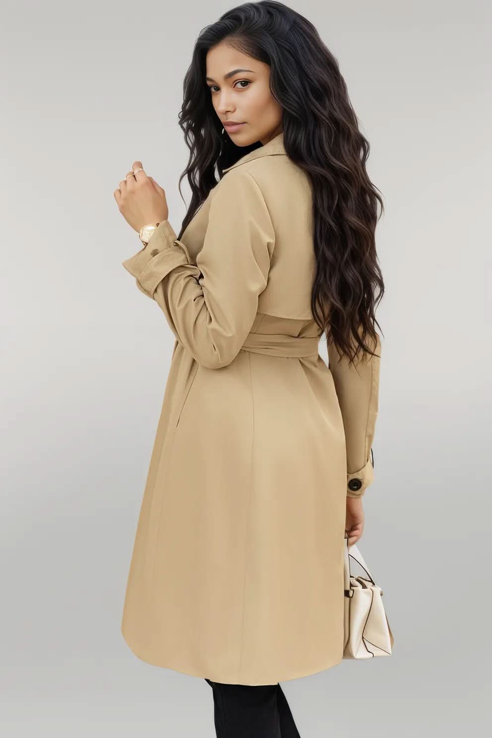 Pale Khaki Solid Color Lapel Collar Waist Tie Wind Coat
