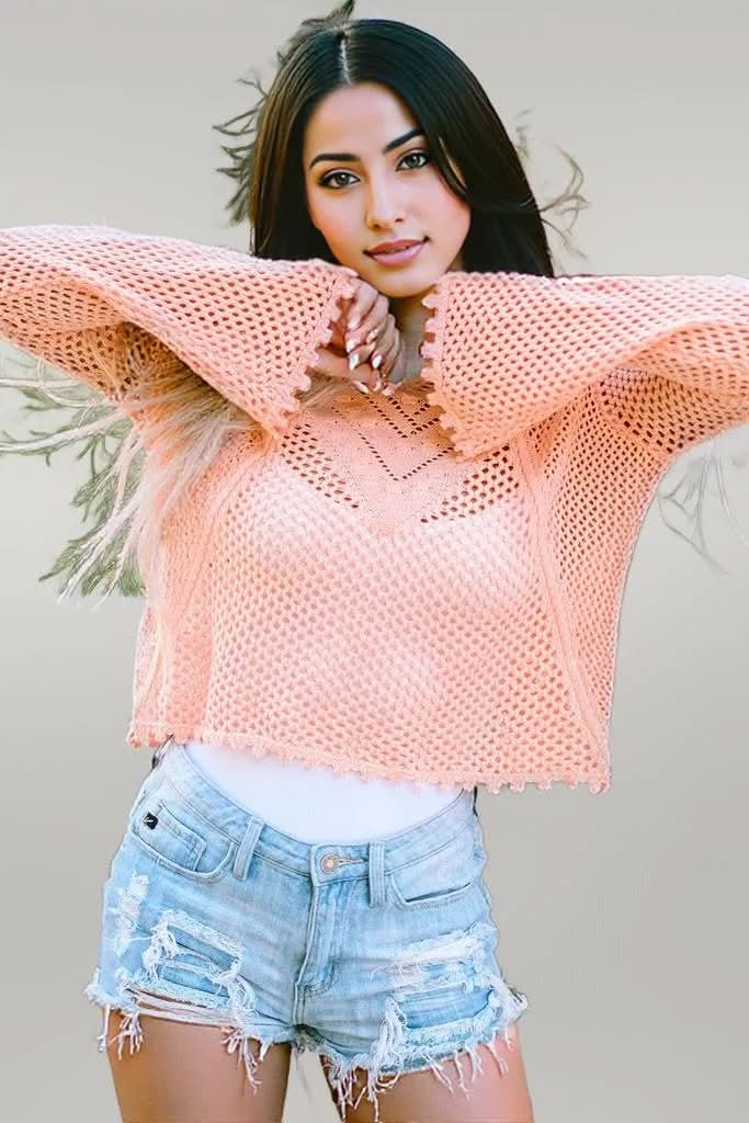 Openwork Round Neck Long Sleeve Knit Top Peach