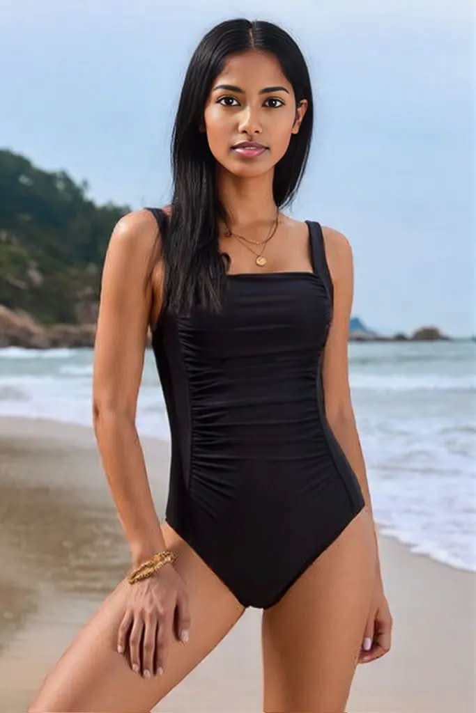 Printed Square Neck Wide Strap One-Piece Swimwear Black