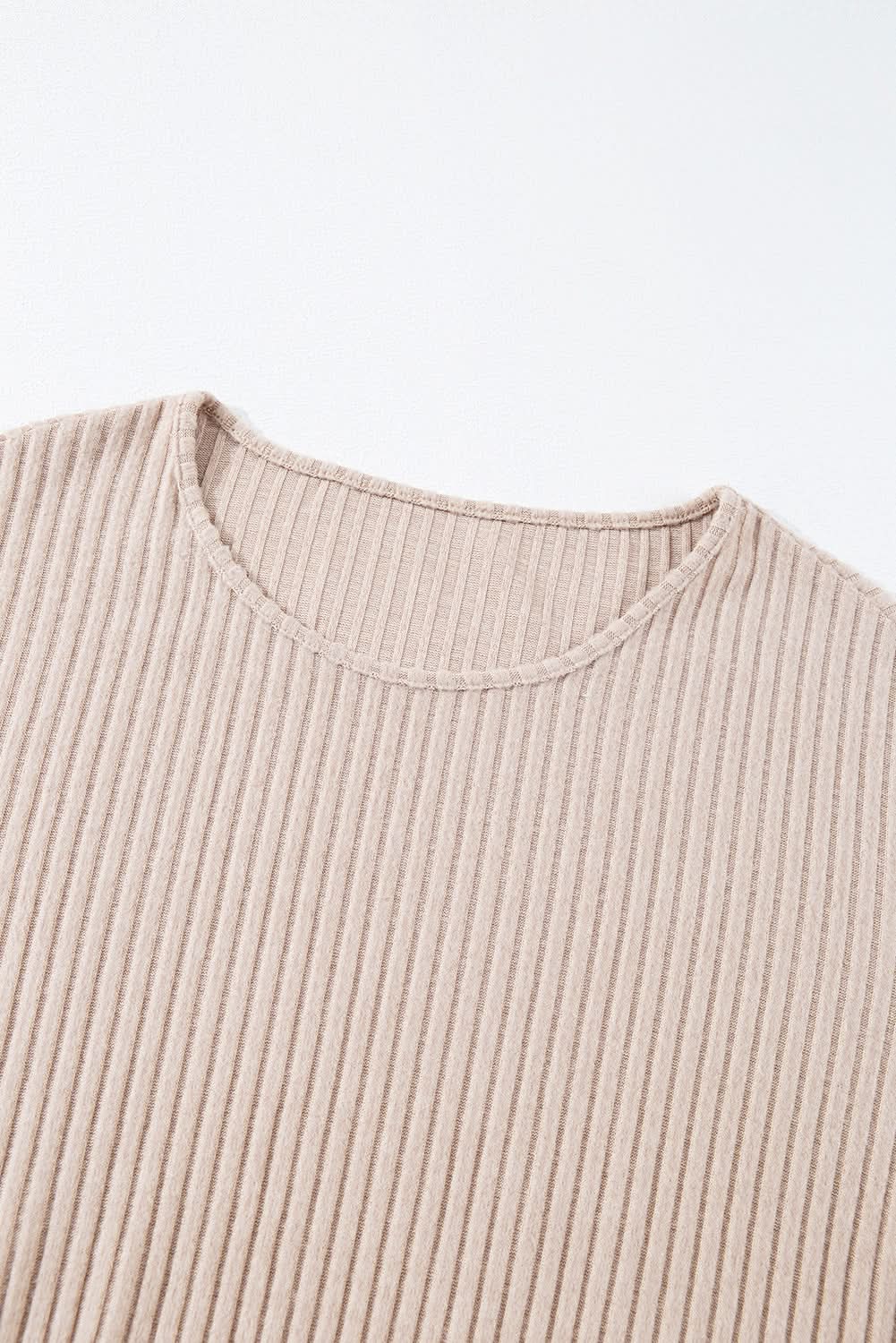 Beige Lettuce Cuffs Drop Shoulder Loose Ribbed Knit Top Beige 95%Polyester+5%Elastane