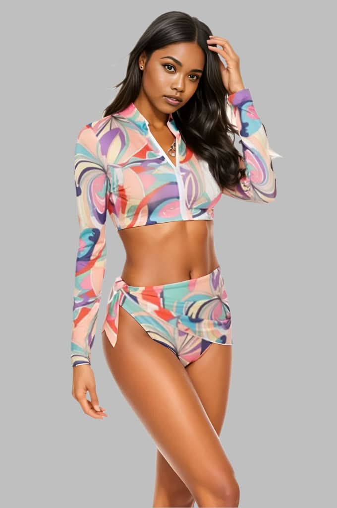 Printed Zip Up Three-Piece Swim Set