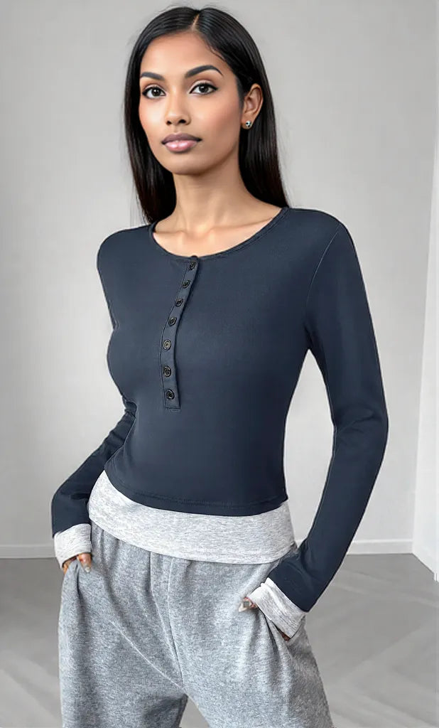 Long Sleeve Button Front Fitted T-Shirt Dark Blue