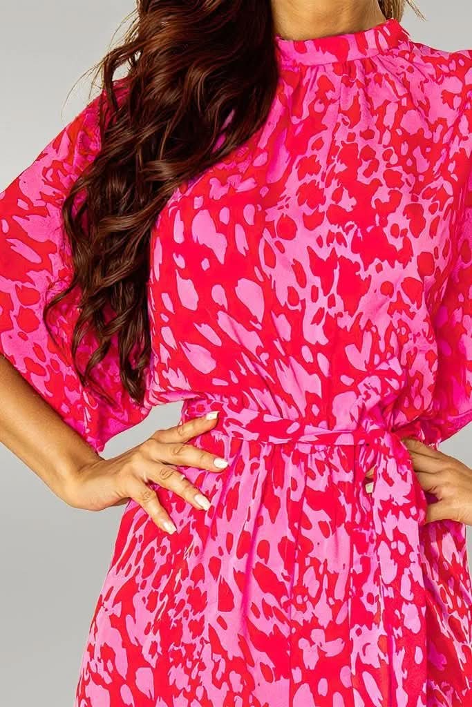 Rose Leopard Loose Sleeve Belted Wide Leg Jumpsuit
