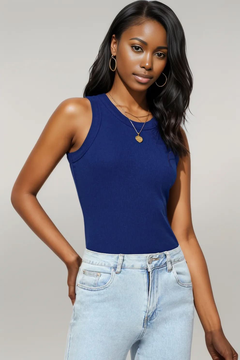 Blue Solid Round Neck Ribbed Tank Top
