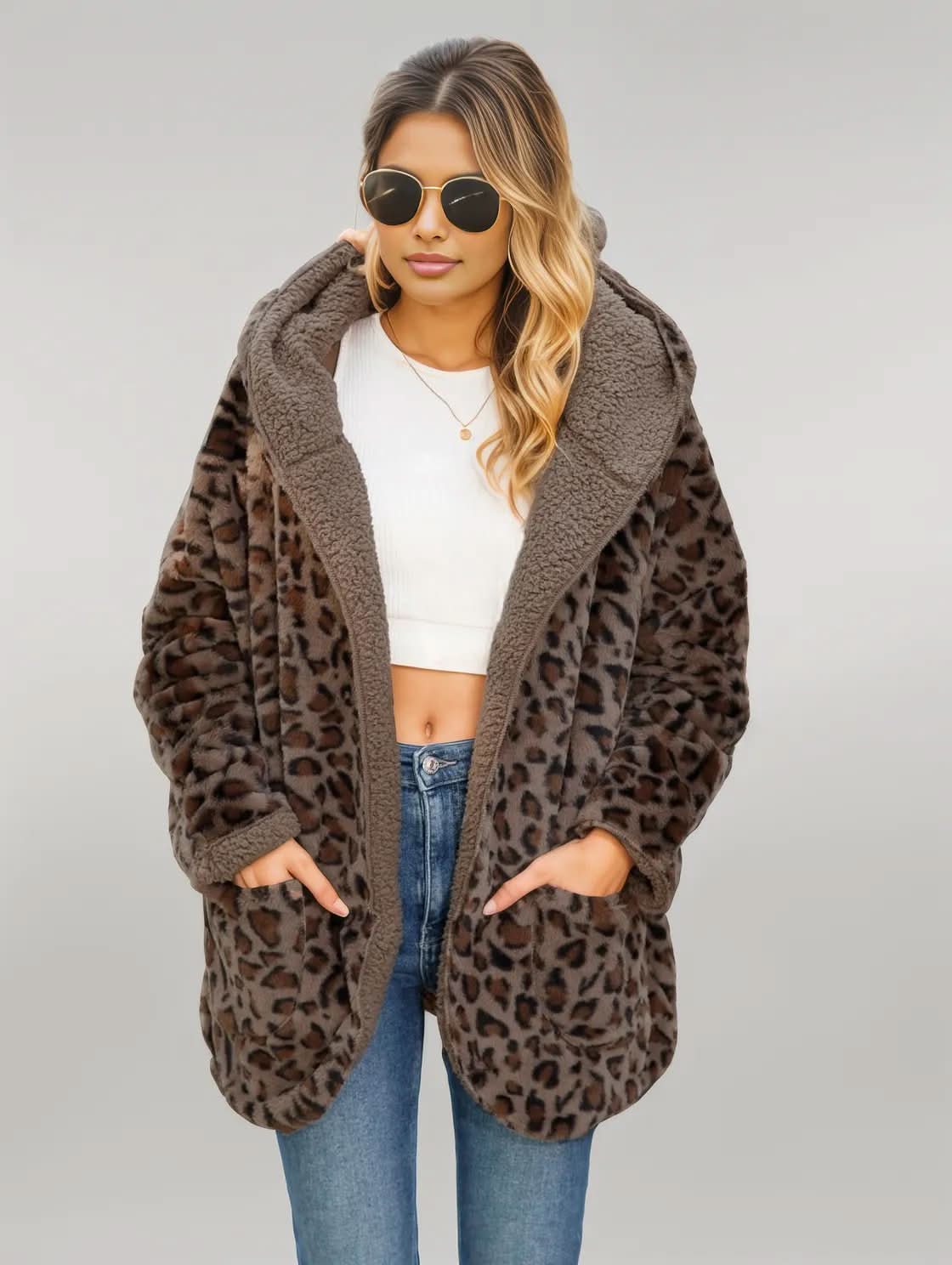 Leopard Hooded Coat with Pockets Chestnut