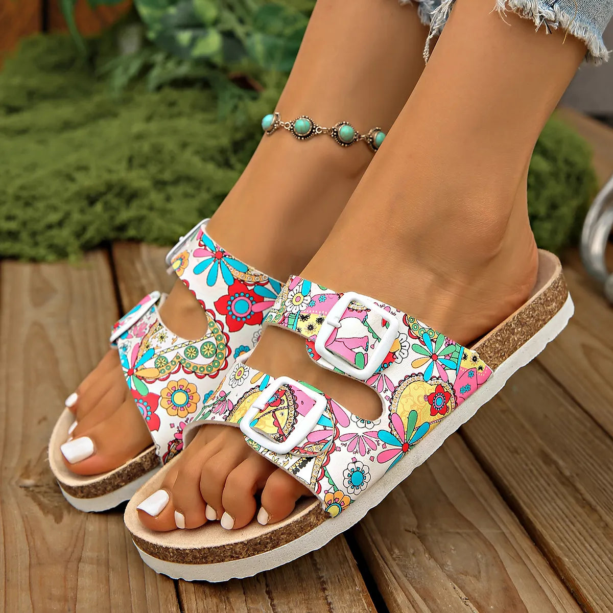 Printed Double Buckle Sandals White