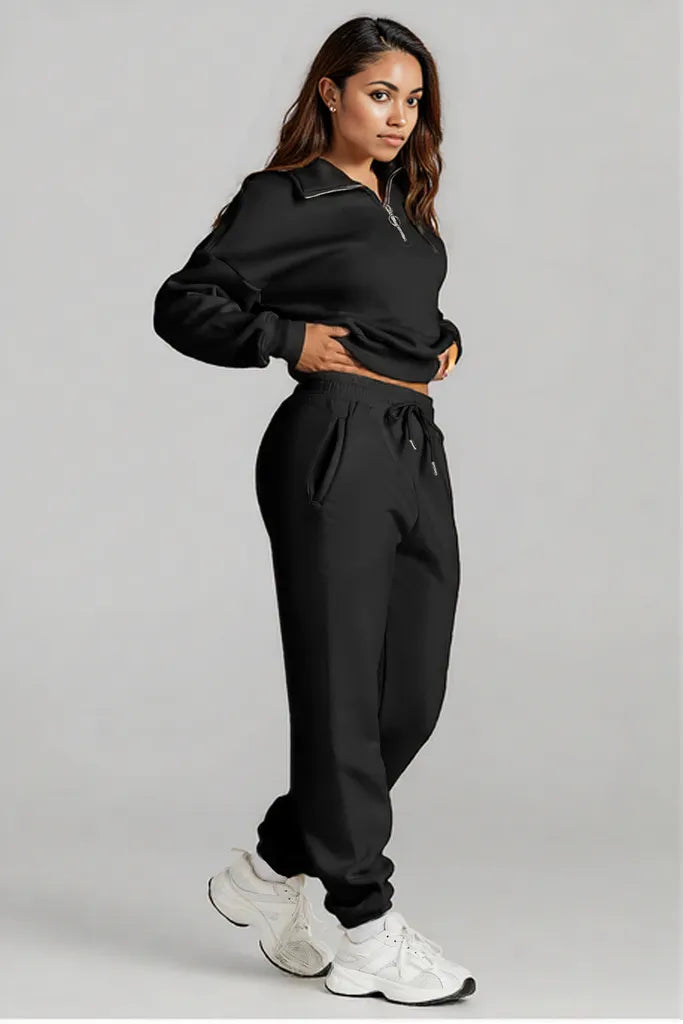 Quarter Zip Top and Drawstring Pants Active Set Black