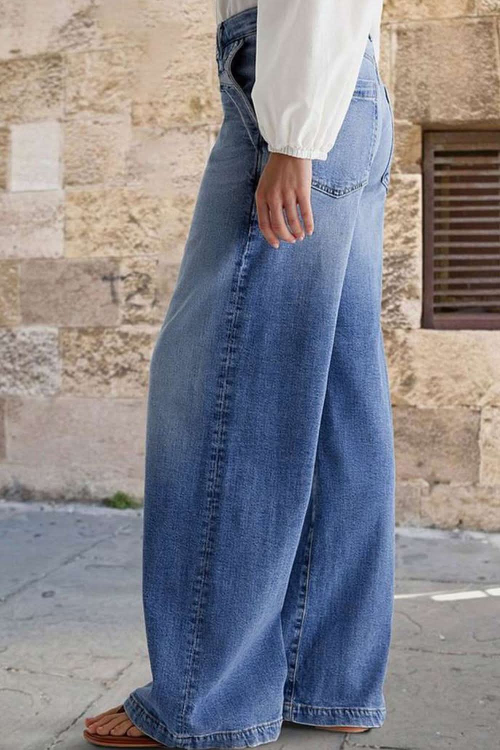 Pocketed Embroidered Straight Leg Jeans Light