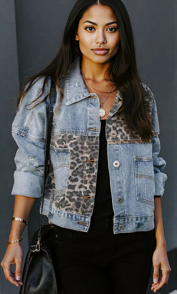 Distressed Leopard Drop Shoulder Denim Jacket Leopard
