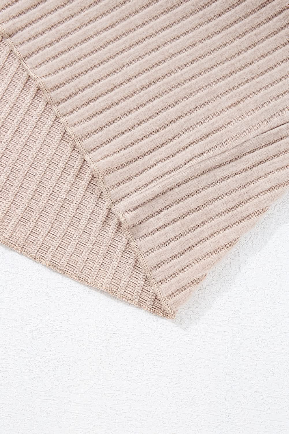 Beige Lettuce Cuffs Drop Shoulder Loose Ribbed Knit Top Beige 95%Polyester+5%Elastane