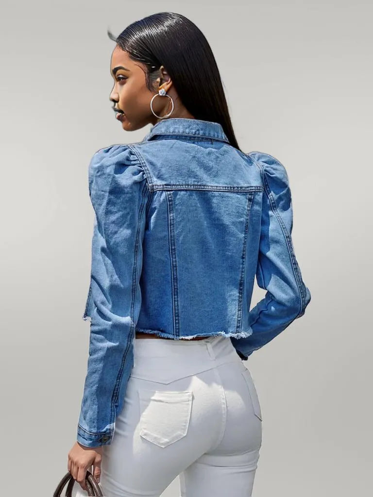 Button Down Raw Hem Cropped Denim Jacket Light
