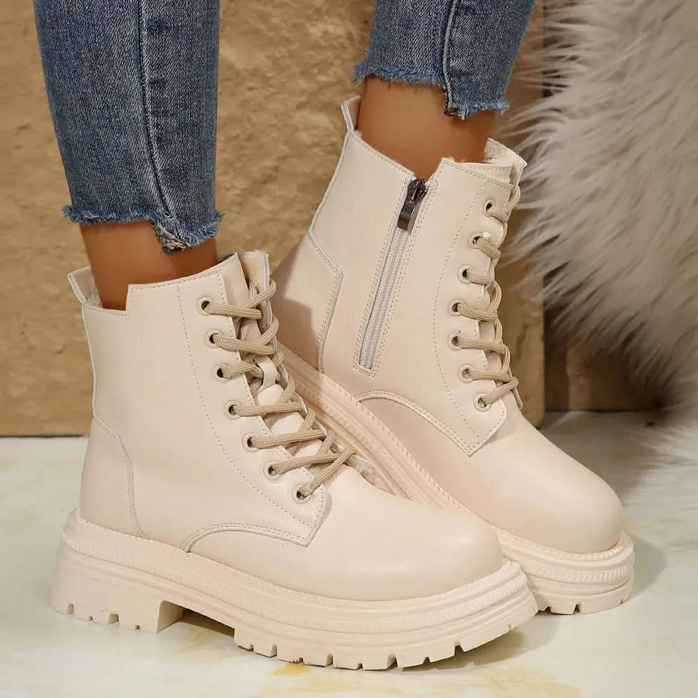 Lace Up Platform Boots with Side Zip Beige
